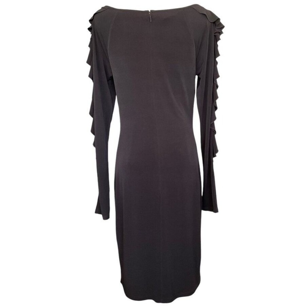 Bebe Black Ruffle Long Sleeve Boat Neck Sheath Cocktail Dress Small Y2K - Picture 6 of 13